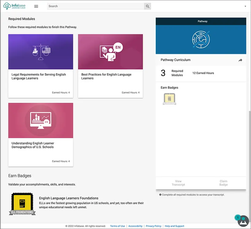 Badges that can be found on the Infobase Learning Cloud platform
