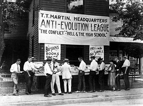 Christian Evangelist T. T. Martin of Mississippi preaching on the streets of Dayton, Ohio, with "Anti-Evolution League" sign