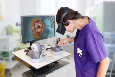 A medical student performing virtual reality surgery
