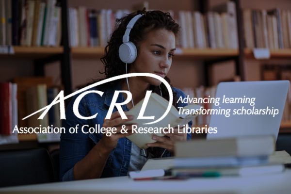 ACRL logo superimposed over college student doing research in a library