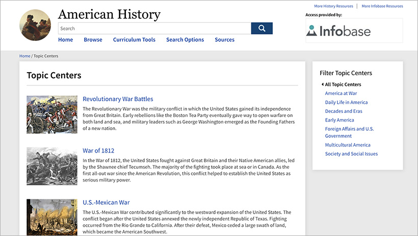 Topic Centers in the American History database