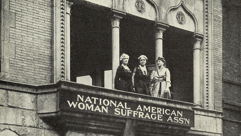 Helen Hamilton Gardener, Carrie Chapman Catt, and Maud Wood Park at the Washington, D.C., headquarters of the National American Woman Suffrage Association