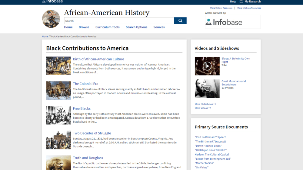 New "Black Contributions to America" Topic Center for Infobase's African-American History database, highlighting African American contributions to American history