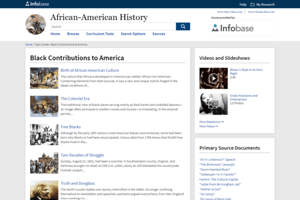 New "Black Contributions to America" Topic Center for Infobase's African-American History database, highlighting African American contributions to American history