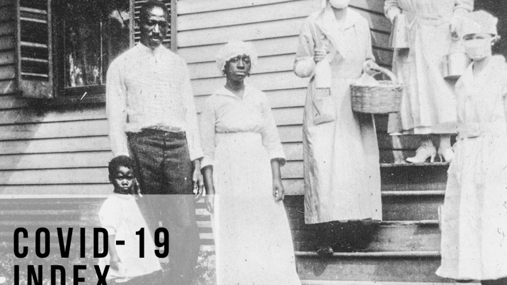 African-American family next to white nurses in masks, "COVID-19 Index, Now Collecting Archives by People of Color" superimposed
