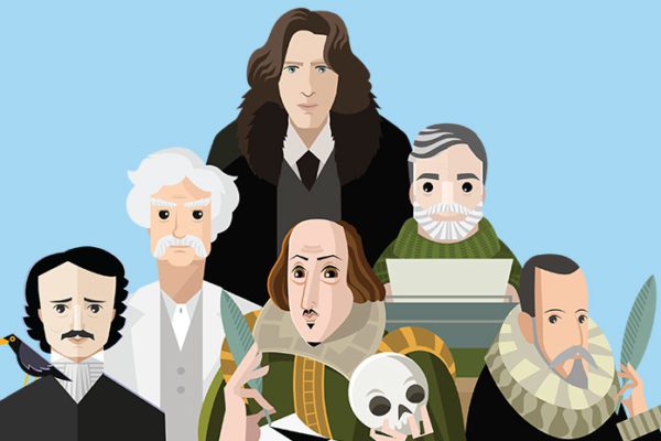 Oscar Wilde, Mark Twain, Ernest Hemingway, Edgar Allan Poe, William Shakespeare, and Miguel de Cervantes, all authors you can learn to write about with Bloom's Literature's How to Write about Literature