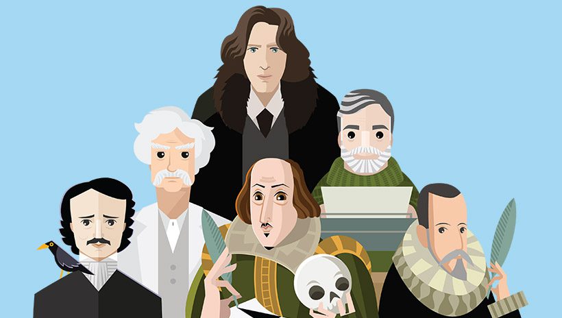 Oscar Wilde, Mark Twain, Ernest Hemingway, Edgar Allan Poe, William Shakespeare, and Miguel de Cervantes, all authors you can learn to write about with Bloom's Literature's How to Write about Literature