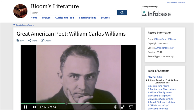 "Great American Poet: William Carlos Williams" on the Bloom's Literature database