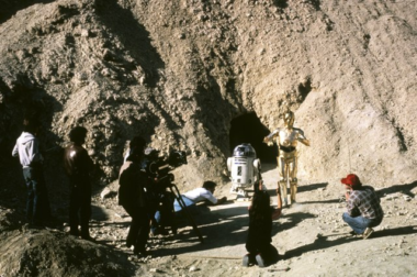 C-3PO and R2-D2 on the set of Star Wars