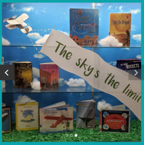 "The sky's the limit" library window display from Bolin Elementary, Allen, Texas