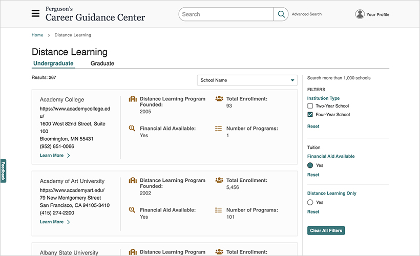 Ferguson Career Guidance Center's distance learning database