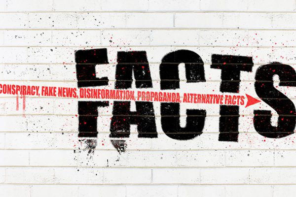 "FACTS" with "Conspiracy, Fake News, Disinformation, Propaganda, Alternative Facts" in a red arrow going through it, representing the need for news literacy