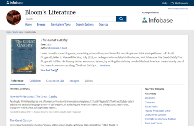 The Works page for The Great Gatsby, a classic that is frequently part of the high school literature curriculum, on the Bloom's Literature database, featuring a link to the full text of the book