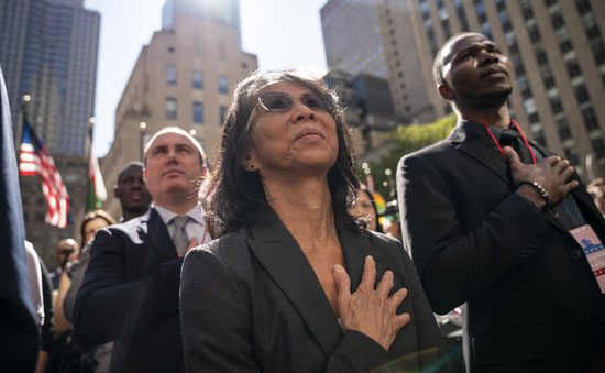 New U.S. citizens recite the the Oath of Allegiance during an immigrant naturalization ceremony in New York City in September 2019.