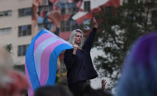 Members of the transgender community and their supporters rally in favor of transgender rights in Los Angeles, California, in November 2018. The Issues & Controversies database covers transgender rights and more.