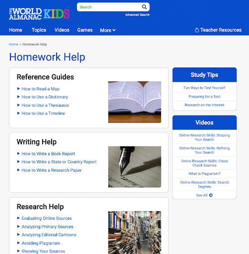 The World Almanac® for Kids' Homework Help section