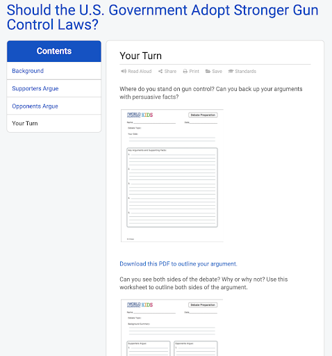 The World Almanac® for Kids' Your Turn section in Should the U.S. Government Adopt Stronger Gun Laws? article
