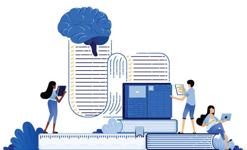 Teachers uploading data onto the brain of a student