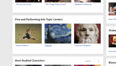 Bloom's Literature screenshot of Fine and Performing Arts Topic Centers slider