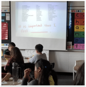 Classroom image with empowerment checklist on overhead: "It is important that I feel _______."