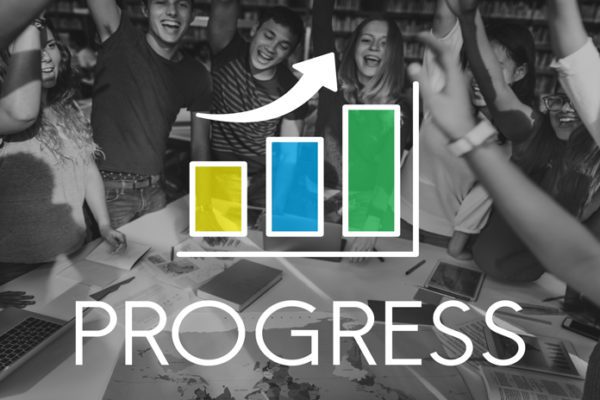"Progress" chart with celebrating students, representing the annual reports school libraries put together