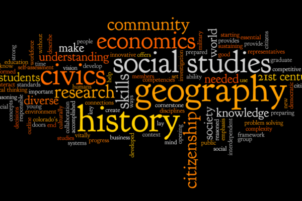 Social sciences word cloud, with words including social studies, geography, and history