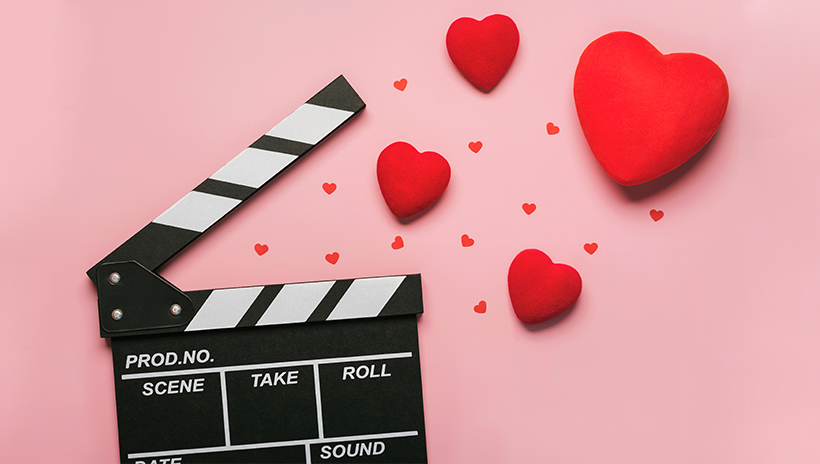 movie clapboard with hearts for Valentine's Day