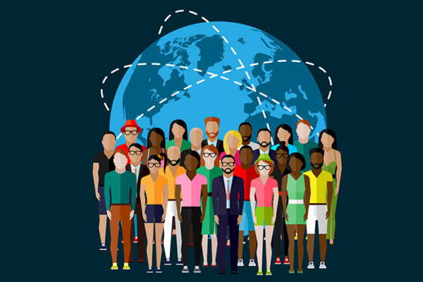 globe with a diverse group of people in front of it, representing the many nations and cultures represented in the World Geography & Culture database