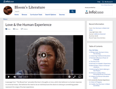 New videos added to Bloom's Literature, including Toni Morrison: In Black and White