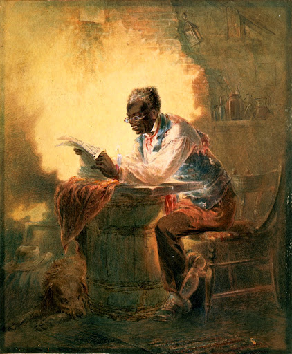 Man reading a newspaper with headline, "Presidential Proclamation, Slavery," in reference to the Emancipation Proclamation