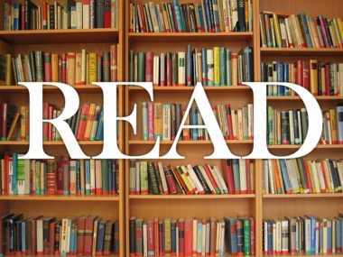 Library bookshelves—"READ"